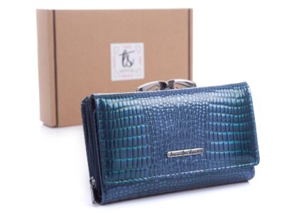 Duży niebieski portfel damski lakierowany croco Jennifer Jones 5249 z pudełkiem