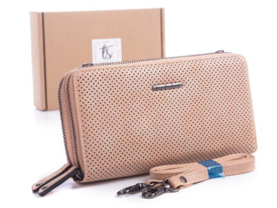 Pudrowy duży portfel kopertowy damski z paskiem na ramię jennifer jones 1124 z pudełkiem