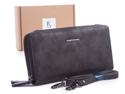 Duży czarny portfel damski z odczepianym paskiem na ramię i dziureczkami jennifer Jones 1124 z pudełkiem