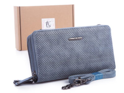 Niebieski portfel damski z paskiem na ramię ażurowy jennifer jones 1124 z pudełkiem