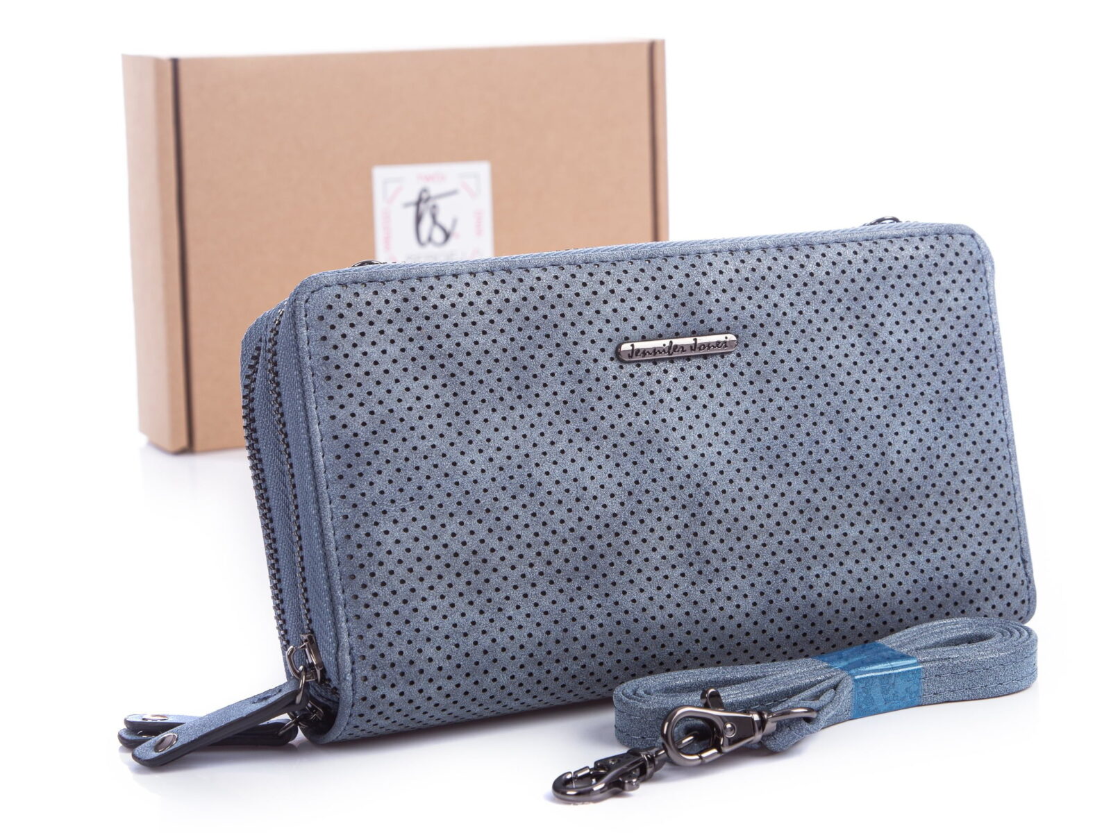 Niebieski portfel damski z paskiem na ramię ażurowy jennifer jones 1124 z pudełkiem