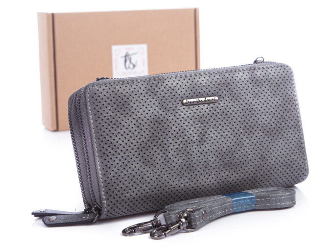 Szary portfel damski z odczepianym paskiem na ramię ażurowy Jennifer Jones 1124 z pudełkiem