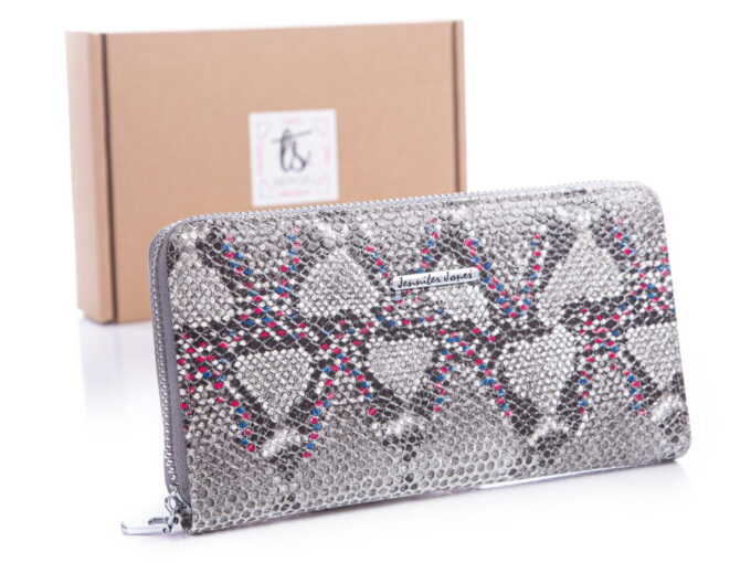 Srebrny portfel damski piórnik z kolorowymi kropeczkami Jennifer Jones 5247 z pudełkiem