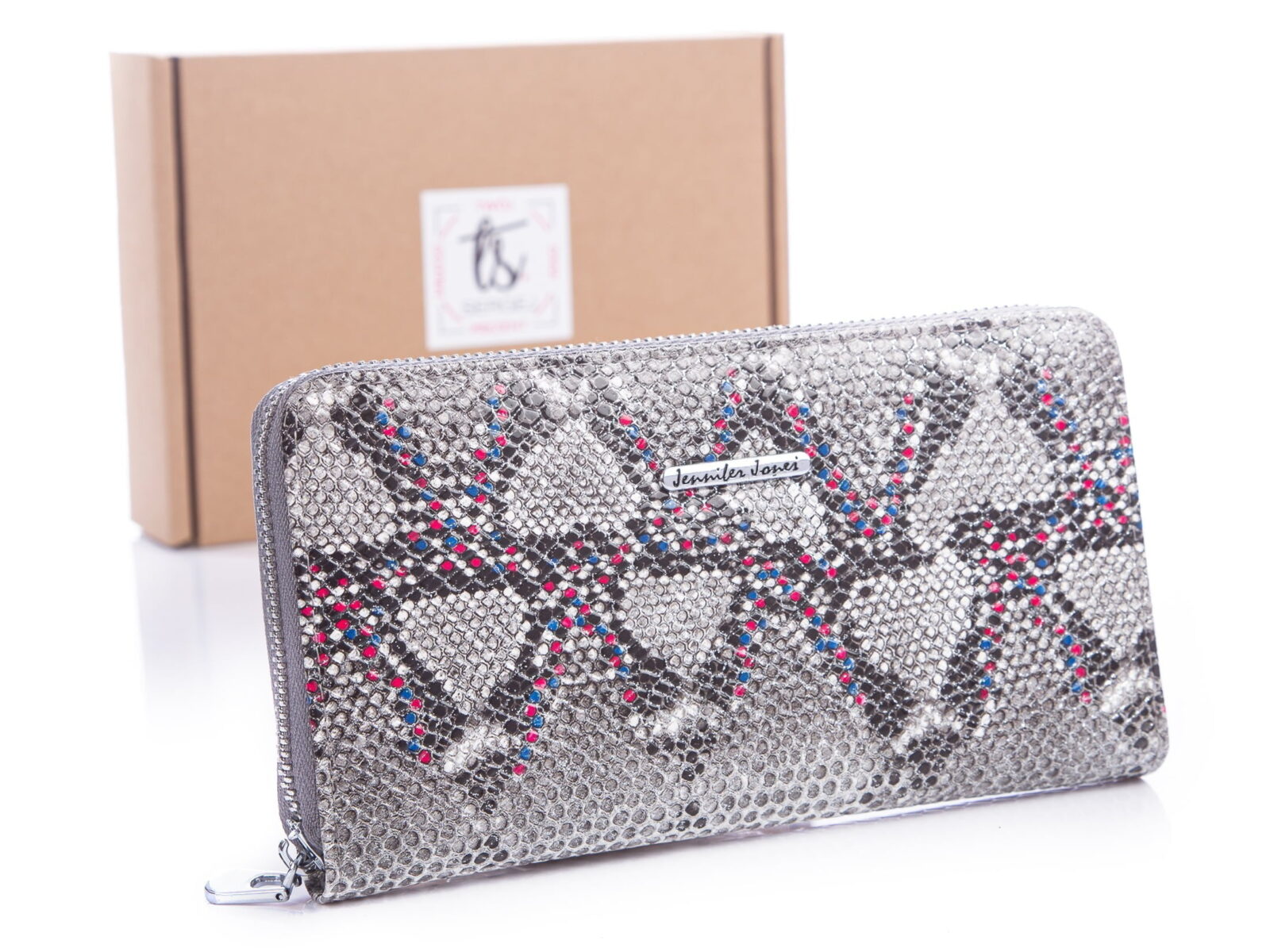Srebrny portfel damski piórnik z kolorowymi kropeczkami Jennifer Jones 5247 z pudełkiem