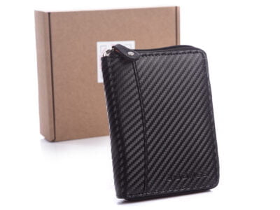 Skórzany portfel męski czarny zapinany na zamek błysakwiczny carbon J Jones z RFID i pudełkiem
