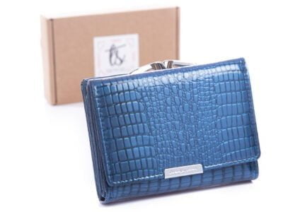 Niebieski średni portfel damski na bigiel Jennifer Jones croco RFID z pudełkiem