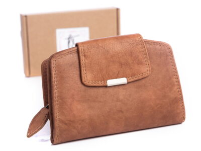 Jasnobrązowy portfel damski z miękkiej skóry naturlanej RFID Money Maker w pudełku