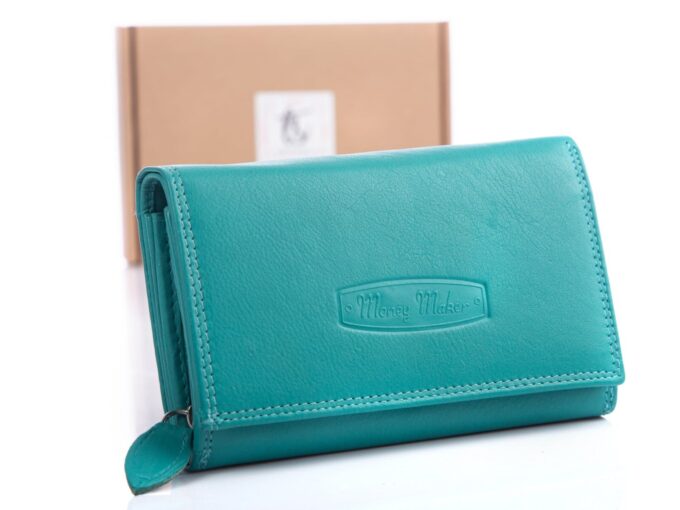 Turkusowy skórzany duży portfel damski Money Maker RFID