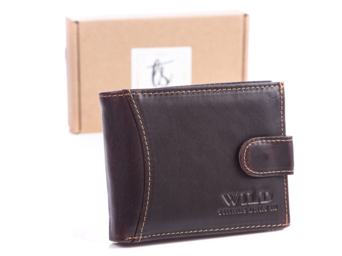 Ciemnobrązowy portfel męski zapinany na zatrask z pudełkiem na prezent