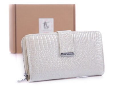 Biały lakierowany duży portfel damski Jennifer Jones RFID z pudełkiem