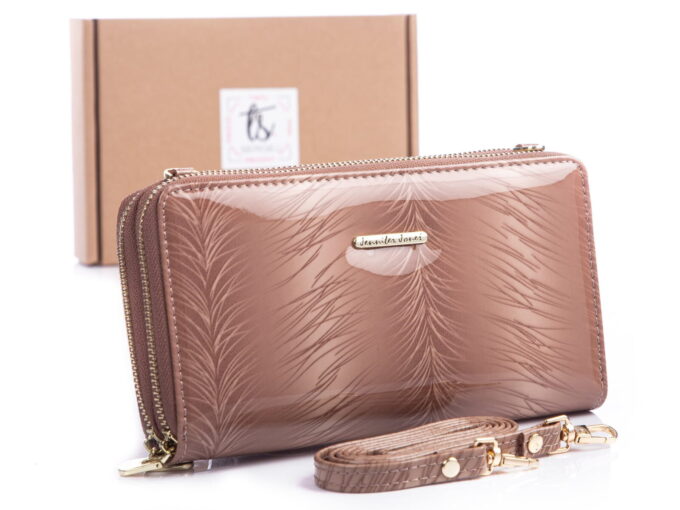 Duży beżowy portfel damski lakier w piórka Jennifer Jones 5276