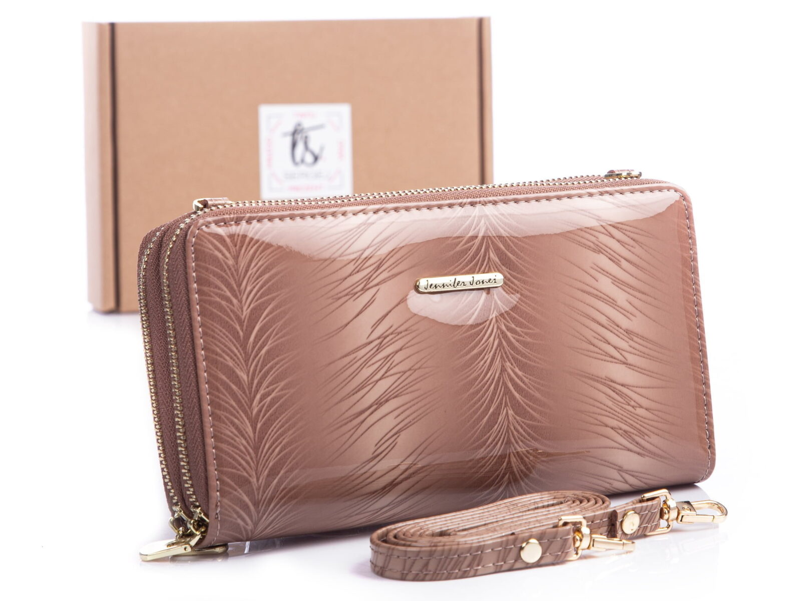 Duży beżowy portfel damski lakier w piórka Jennifer Jones 5276