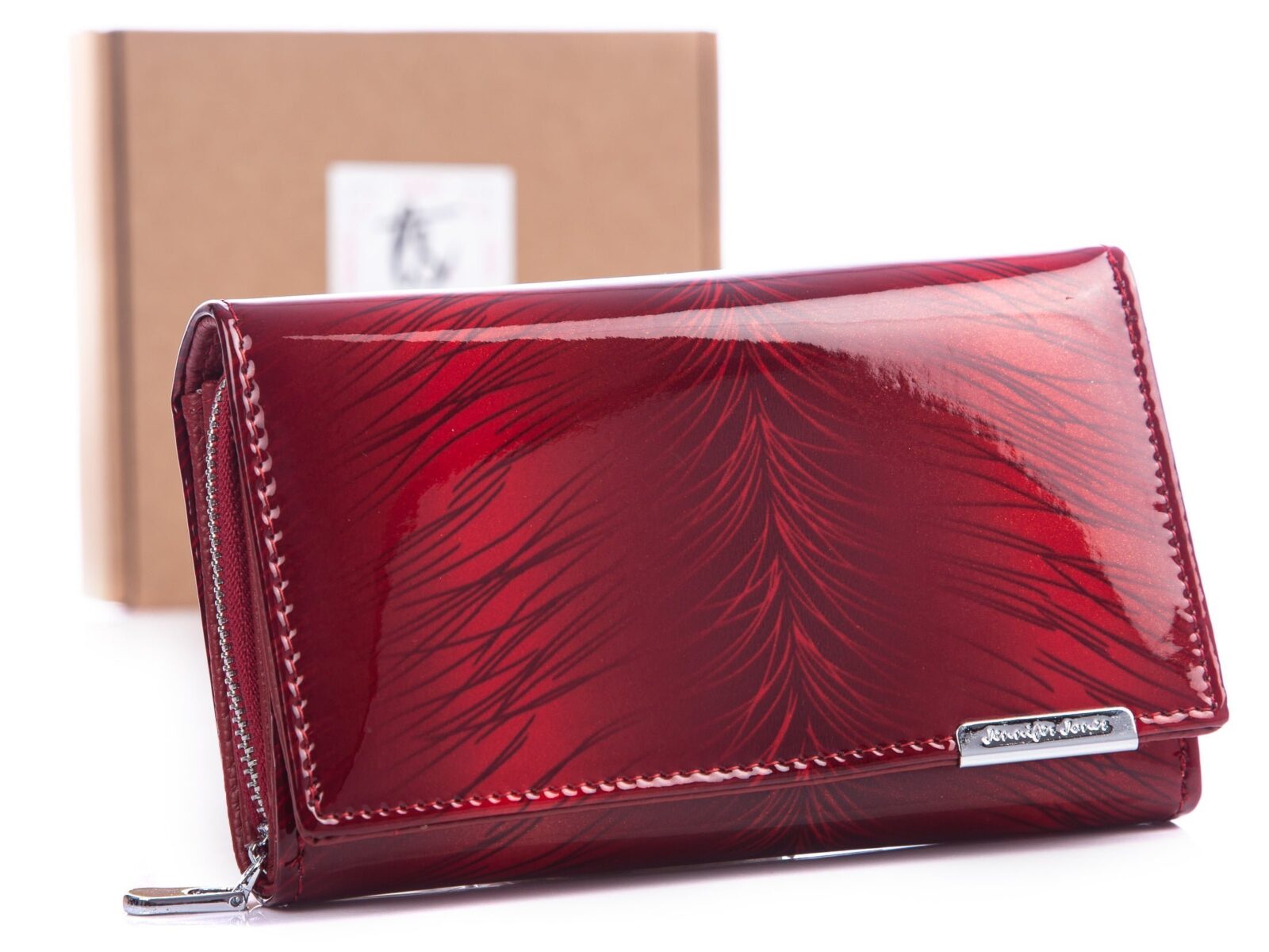 Duzy lakierowany portfel damski wiśniowy z cieniowanymi wzorkami Jennfier Jones 5261