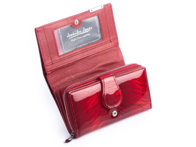 Duży lakierowany portfel damski wiśniowy z piórkami RFID Jennifer Jones - obrazek 3