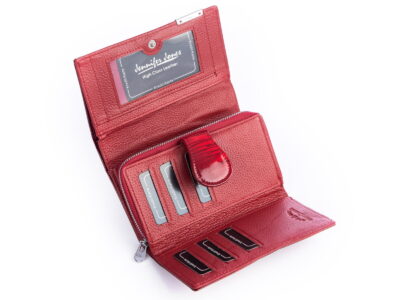 Duży lakierowany portfel damski wiśniowy z piórkami RFID Jennifer Jones - obrazek 4