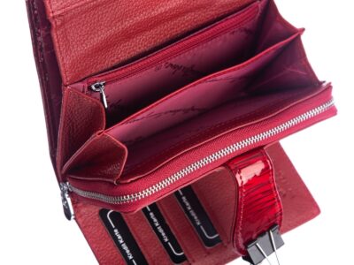 Duży lakierowany portfel damski wiśniowy z piórkami RFID Jennifer Jones - obrazek 6
