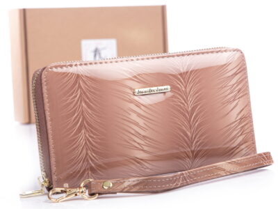 Kremowo beżowy portfel damski zapinany na zamek dookoła w piórka 52958 jennifer Jones