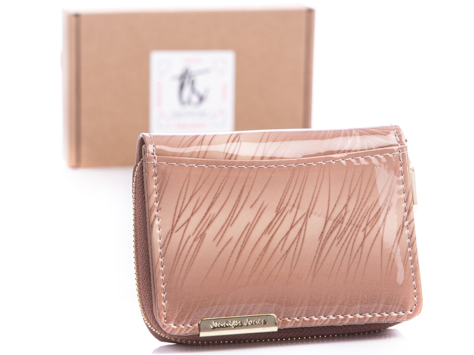 Beżowy mały portfel damski lakierowany Jennifer Jones 5262 w piórka RFID