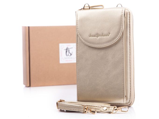 Złota paszportówka na szyję z miejscem na telefon elegancka Jennifer Jones