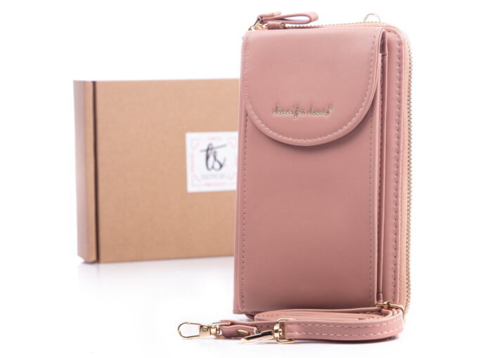 Jasnoróżowa mini torebka portfel z odpinanym paskiem pionowy z miejscem na telefon Jennifer Jones