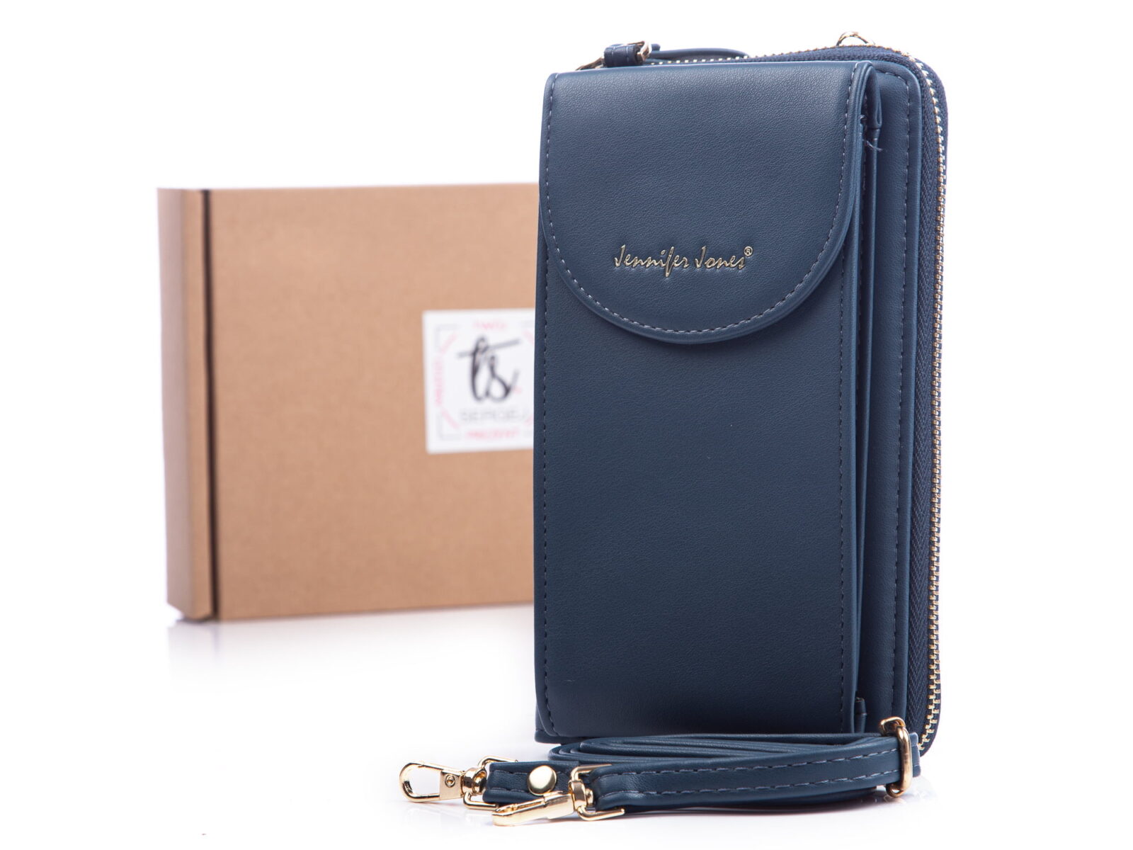 Granatowy duży portfel damski pionowy z paskiem na szyję i miejscem na telefon komórkowy