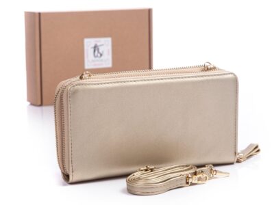 Portfel damski z kieszenią na telefon i paskiem na ramię złoty Jennifer Jones - obrazek 2