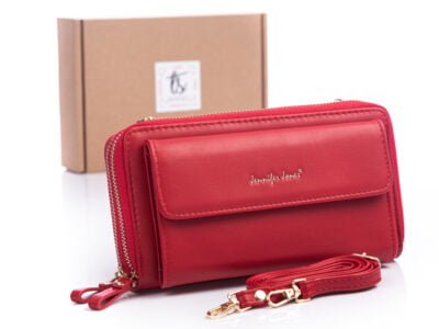 Czerwona mini torebka portfel damska z paskiem na ramię i kieszenią na telefon