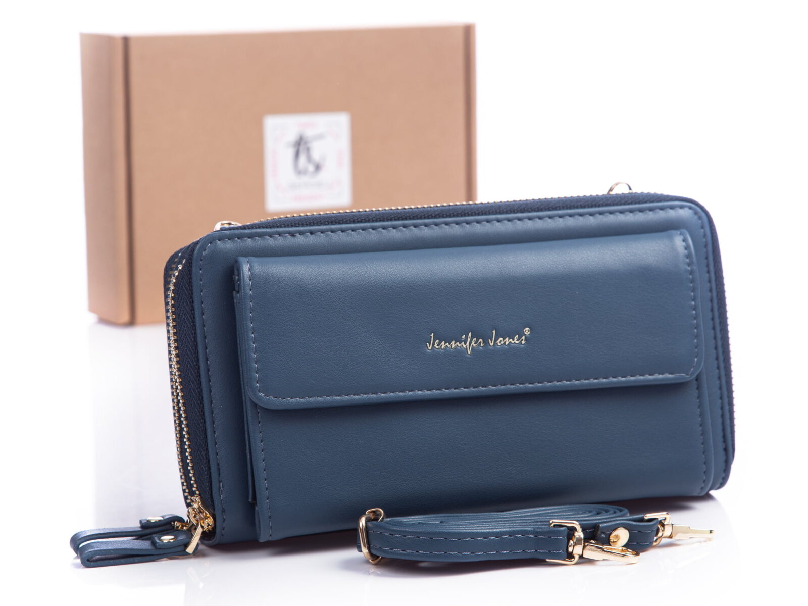 Ciemnoniebieska mini torebka damska portfel z miejscem na telefon i odpinanym paskiem na ramię jennifer Jones