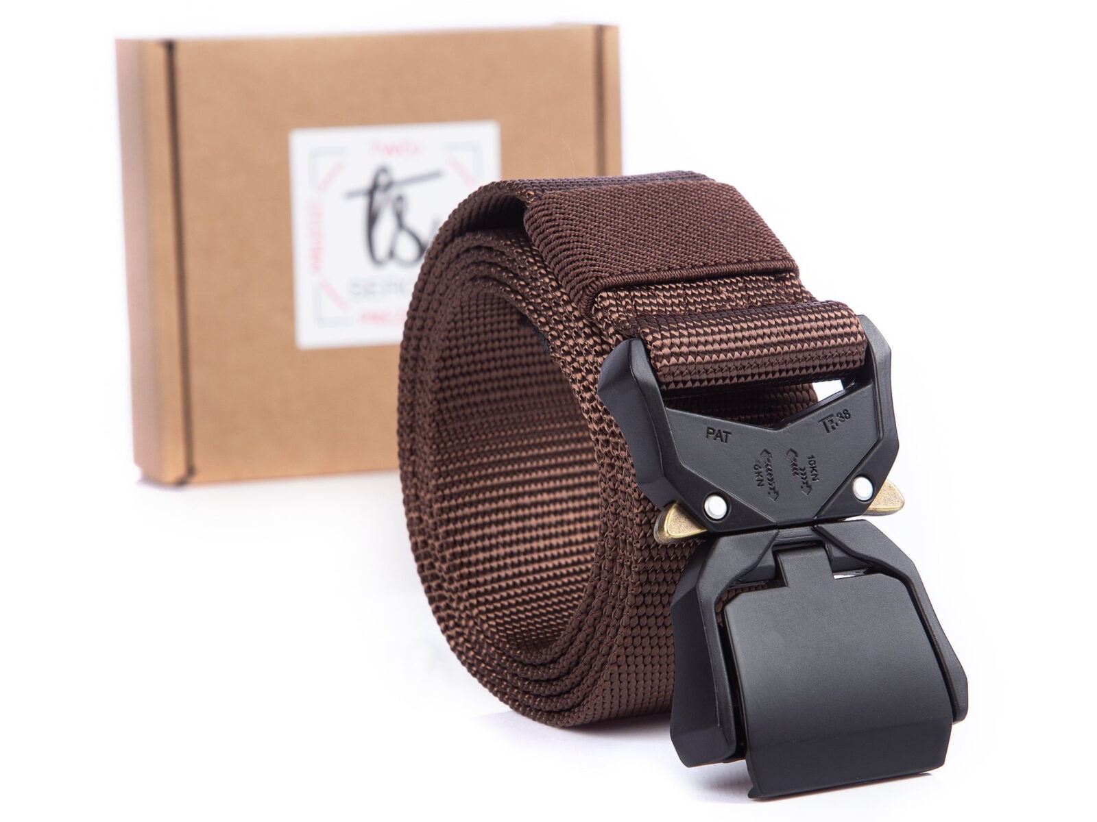 Ciemnobrązowy pas taktcyzny do spodni z klamrą czarną metalową dużą Sergej Dragon