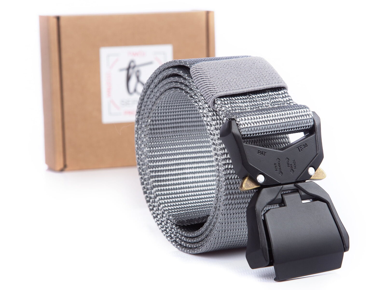 Szary pas taktyczny z dużą klamrą czarną zatrzaskową