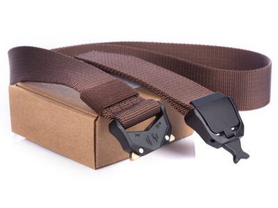 Wojskowy pas taktyczny ciemnobrązowy z czarną metalową klamrą 2-elementową