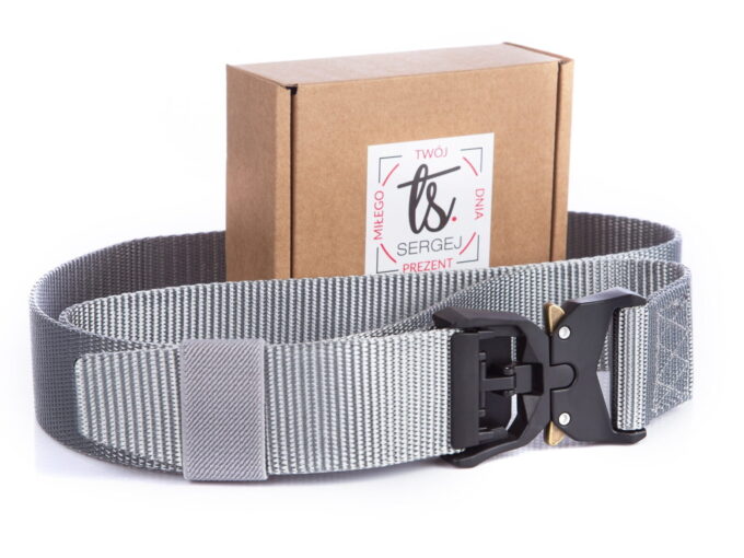 Wojskowy pas szary do spodni z pudełkiem na prezent parciany