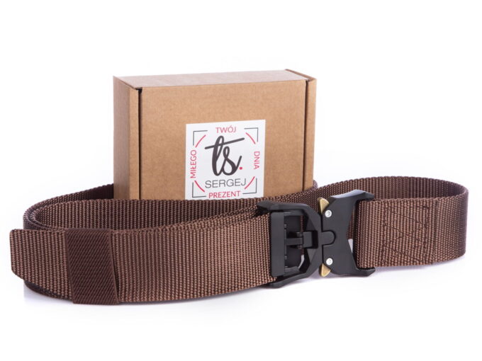 Brązowy pas wojskowy z taśmy parcianej z kalmrą zatrzaskową
