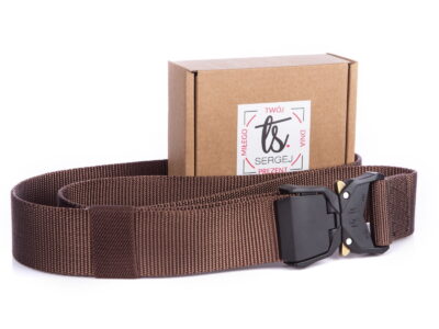 Ciemnobrązowy pas taktyczny męski do spodni z kalmrą na zatrzask wsuwaną