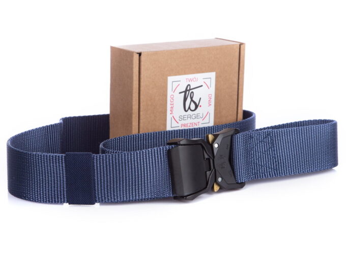 Wojskowy pasek męski parciany niebieski Sergej z kalmrą na zatrzask w pudełku na prezent