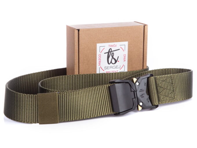 Zgniłozielony pas męski do spodni parciany z klamrą wojskową
