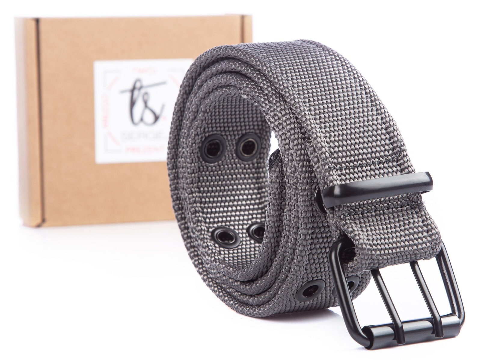 Szary dwurzędowy pasek męski do spodni parciany z metalową klamrą SERGEJ ARNOLD w pudełku