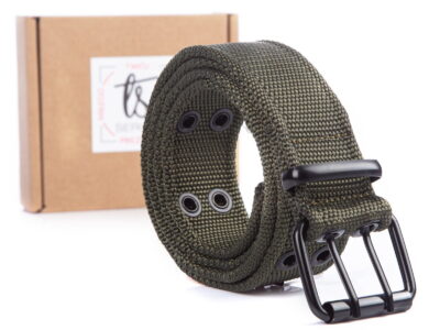 Zielony pasek parciany dwurzędowy wojskowy oficerski SERGEJ ARNOLD z metalową czarną klamrą podwójną