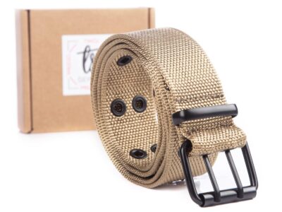 Beżowy pasek do spodni dwurzędowy męski parciany z metalową klamrą podwójną SERGEJ ARNOLD