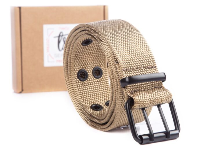 Beżowy pasek do spodni dwurzędowy męski parciany z metalową klamrą podwójną SERGEJ ARNOLD