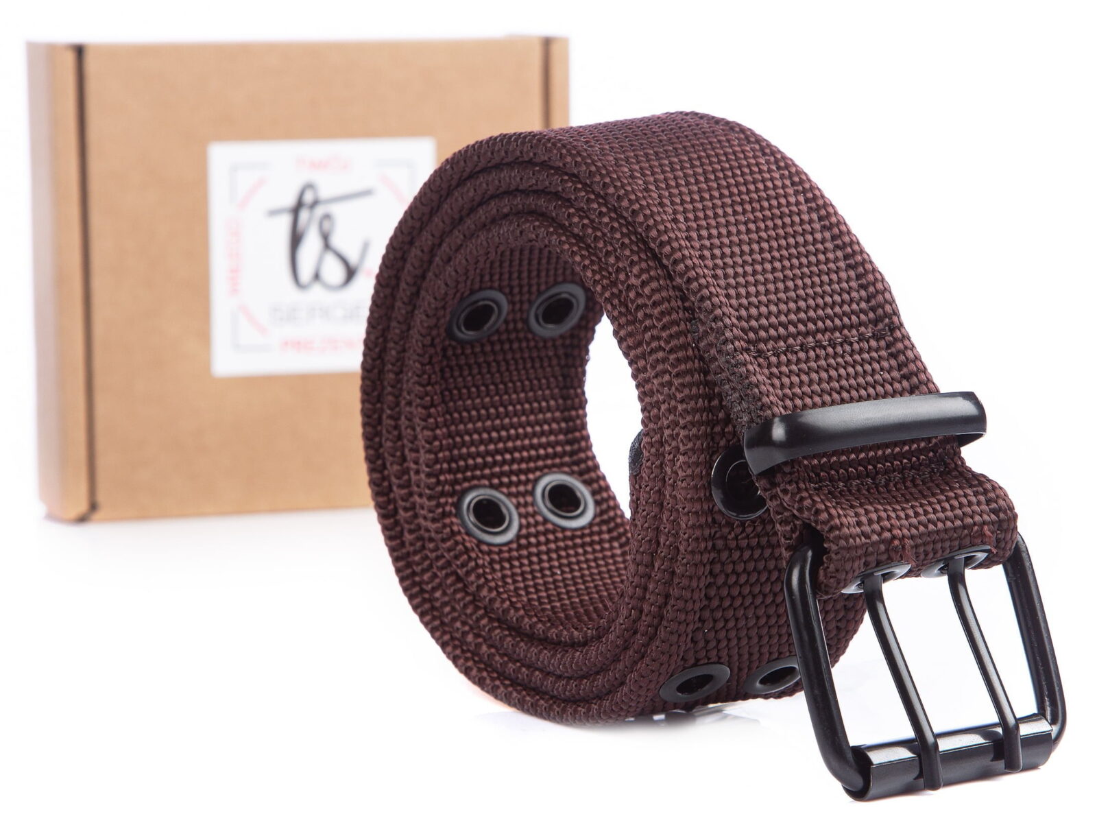 Cienobrązowy dwurzędowy pasek męski do spodni parciany z metalową klamrą wojskowy SERGEJ ARNOLD