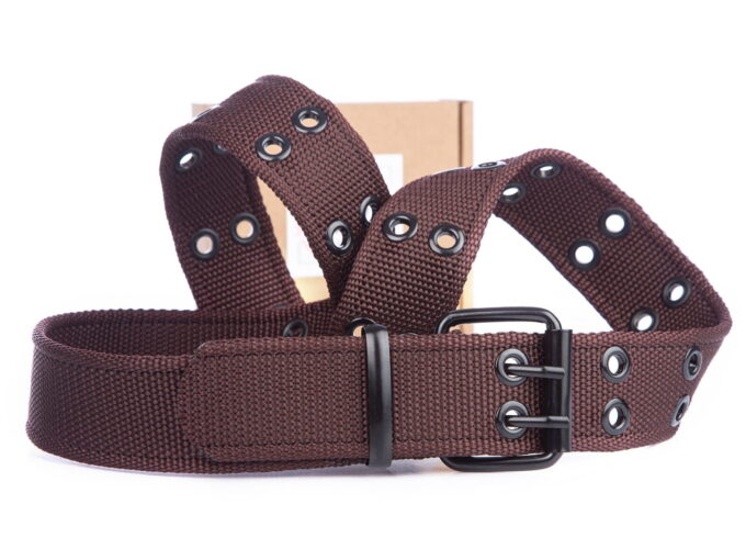 Brązowy pas męski podwójny taktyczny parciany SERGEJ ARNOLD z metalową klamrą z dwoma bolcami