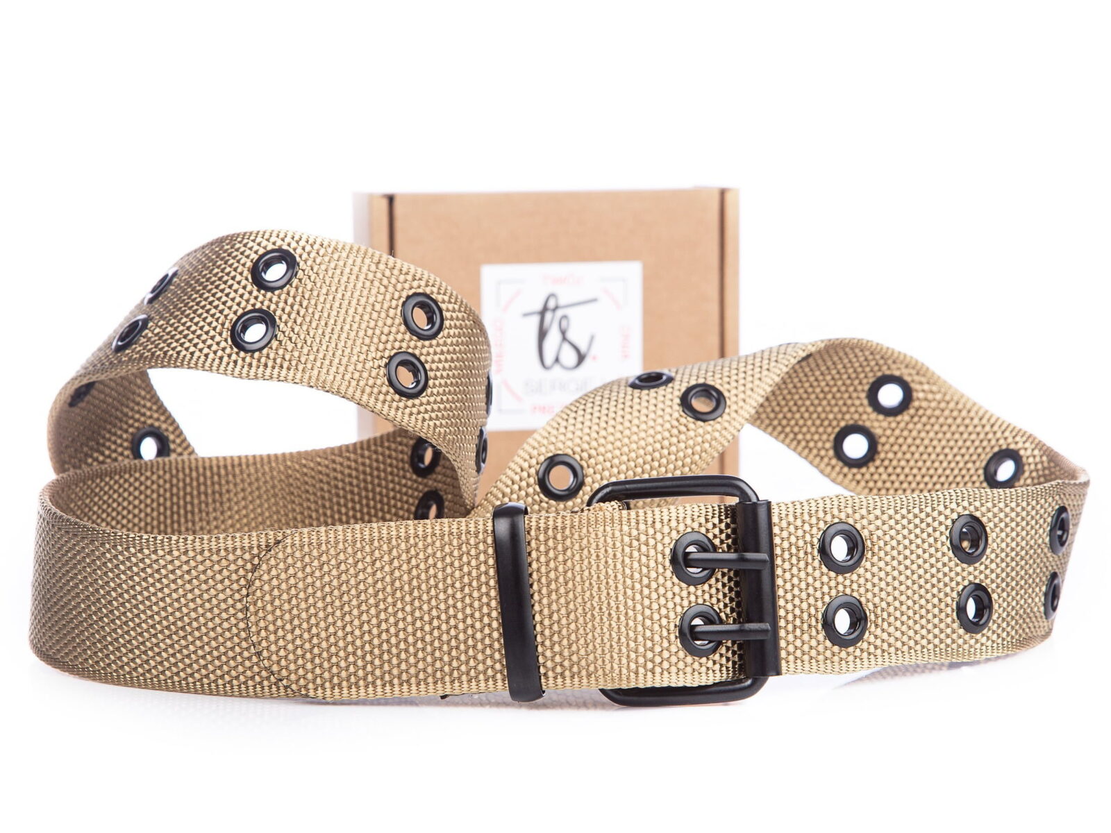 Podwójny parciany pas męski do spodni beżowy z dwoma rzędzami otworów