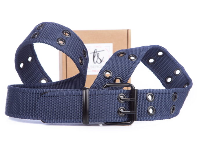 Ciemnoniebieski pasek męski do spodni materiałowy podwójny