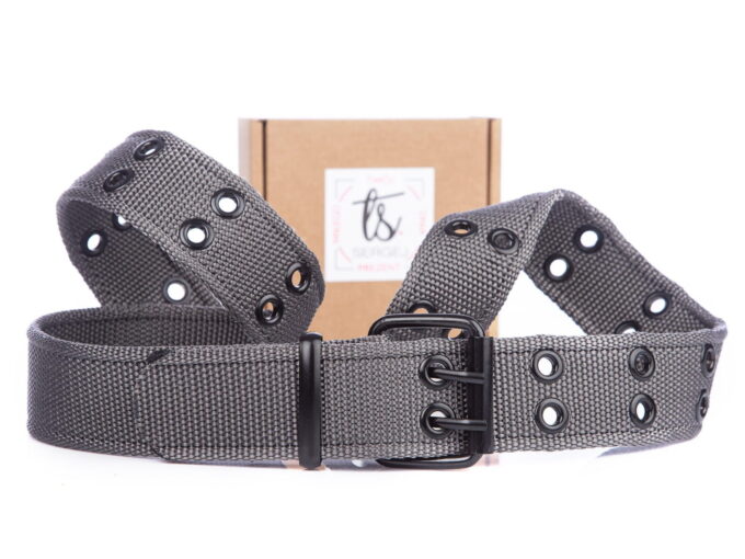 Parciany podwójny pasek męski do spodni szary z czarną klamrą