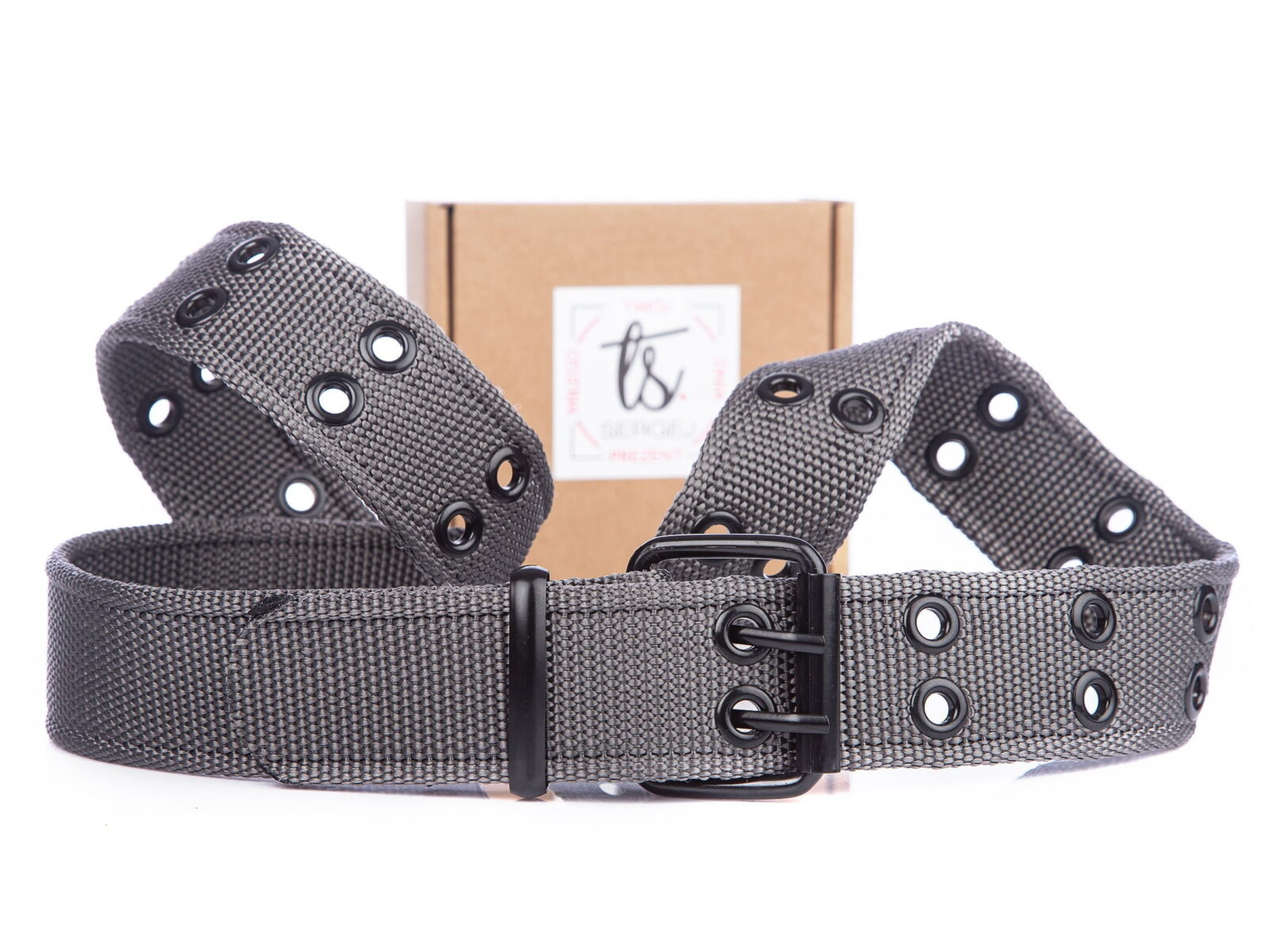 Parciany podwójny pasek męski do spodni szary z czarną klamrą