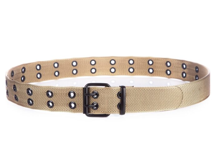 Mocny materiałowy pasek dwurzędowy beżowy SERGEJ z czarną klamrą