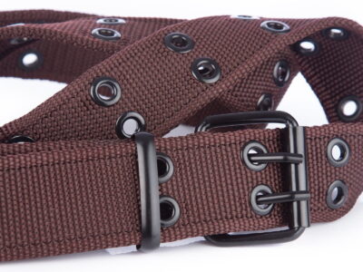 Pasek męski brązowy materiałowy parciany z podwójną metalową klamrą czarną