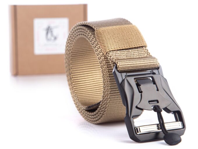 Beżowy pasek męski do spodni parciany z klamrą magnetyczną SERGEJ RANGER