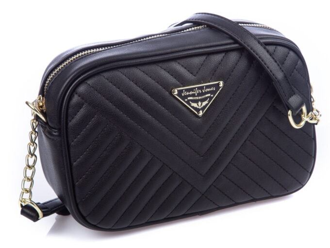 Czarna channelka damska z paskiem na złotym łańcuszku